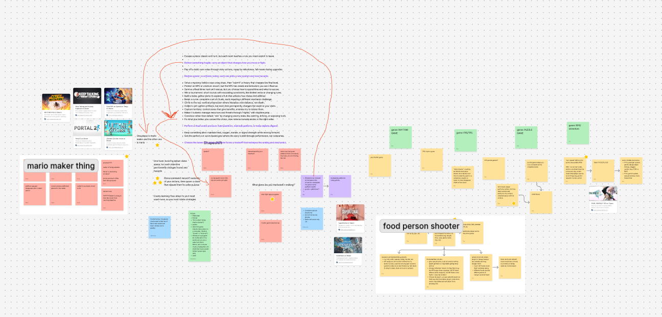 A screenshot of our figma brainstorming session where we discussed ideas for our game. There are various notes and sketches on the whiteboard